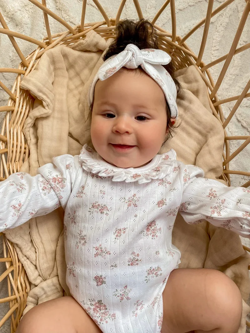 Aster & Oak Posie Floral Pointelle Flutter Onesie - White - Image 3